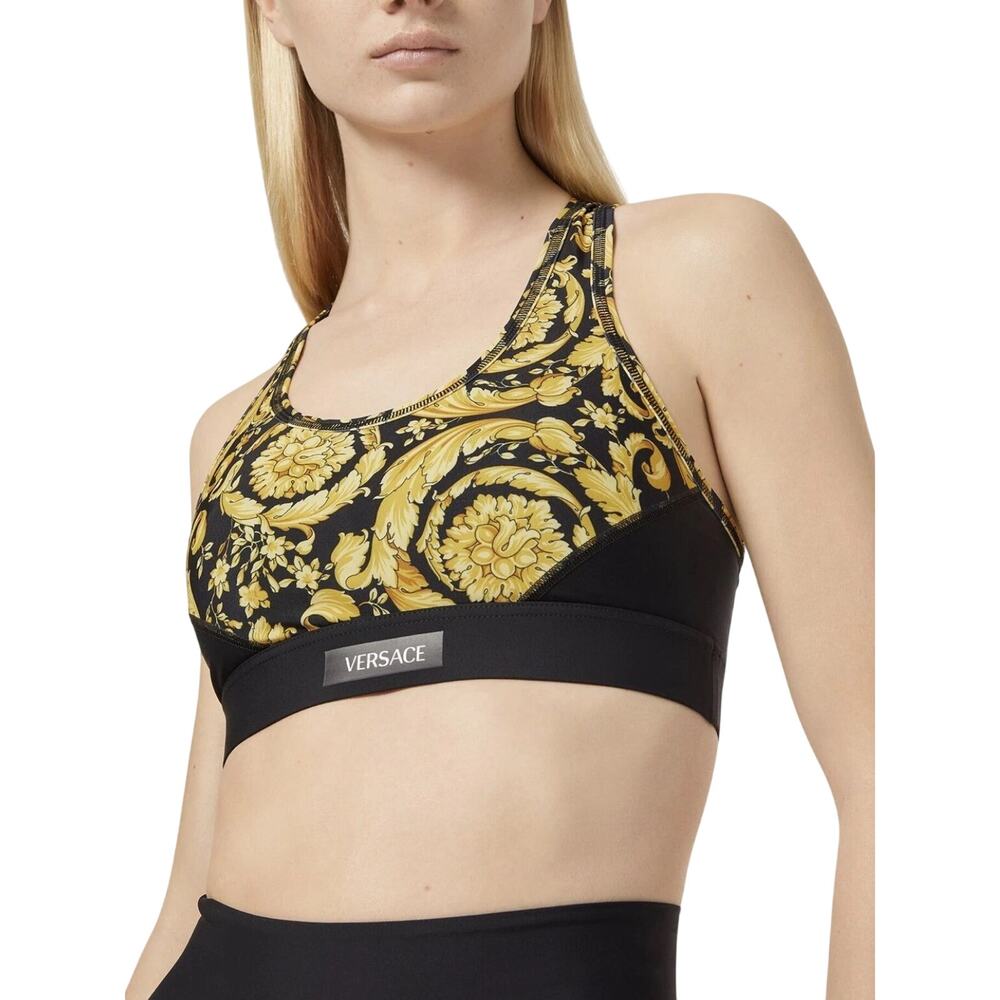 Versace Barocco Print Racerback Pullover Sports Bra Black Gold Women's Size XS